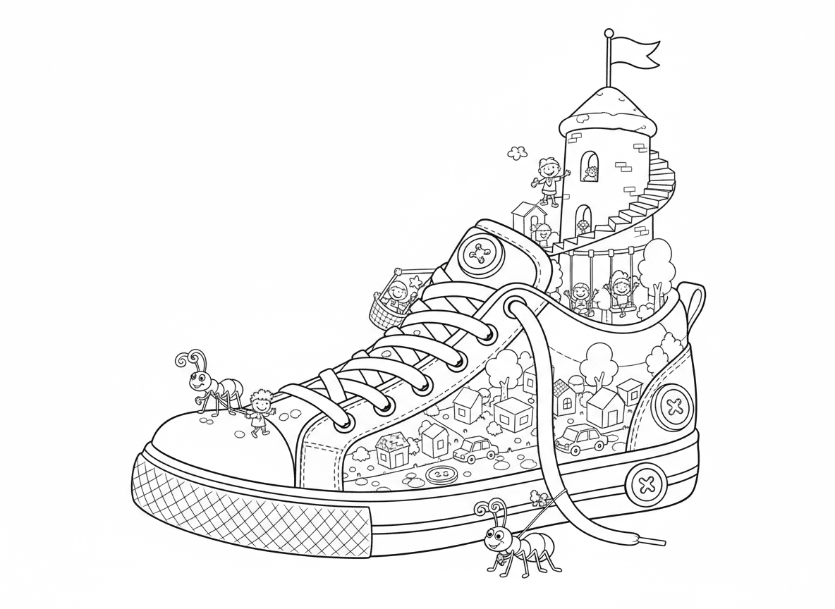 עיר מיניאטורית בתוך נעל - אנשים זעירים גרים בתוך נעל ענקית, שרוכים כמעליות, לשונית כפארק, סוליה כשכונה, עקב כמגדל, נמלים כחיות מחמד, וכפתורים כמכסי ביוב