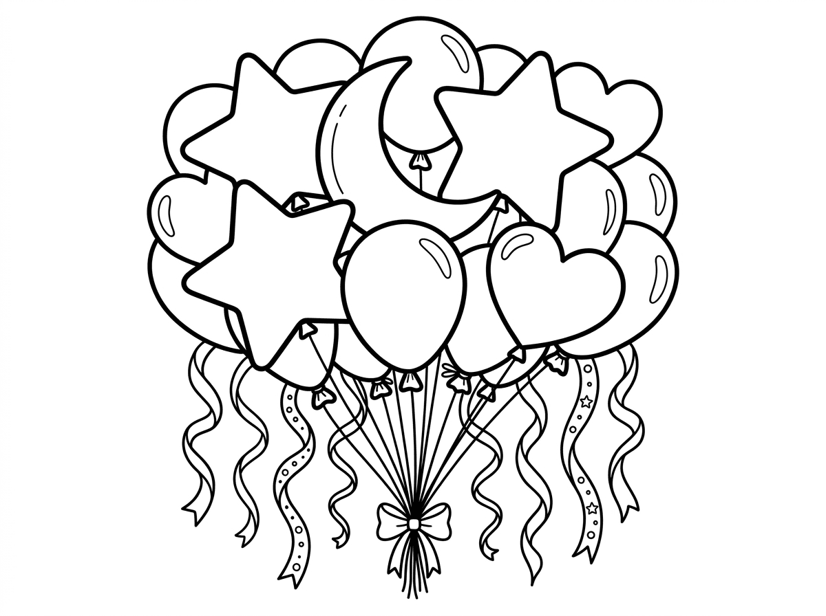 זר בלונים ענק במיוחד של למעלה מעשרה בלונים בגדלים ובצורות שונות, ממלא את כל הדף. הבלונים חופפים זה את זה ויוצרים קומפוזיציה צפופה ועליזה. סרטים מתולתלים רבים יורדים מהצרור.