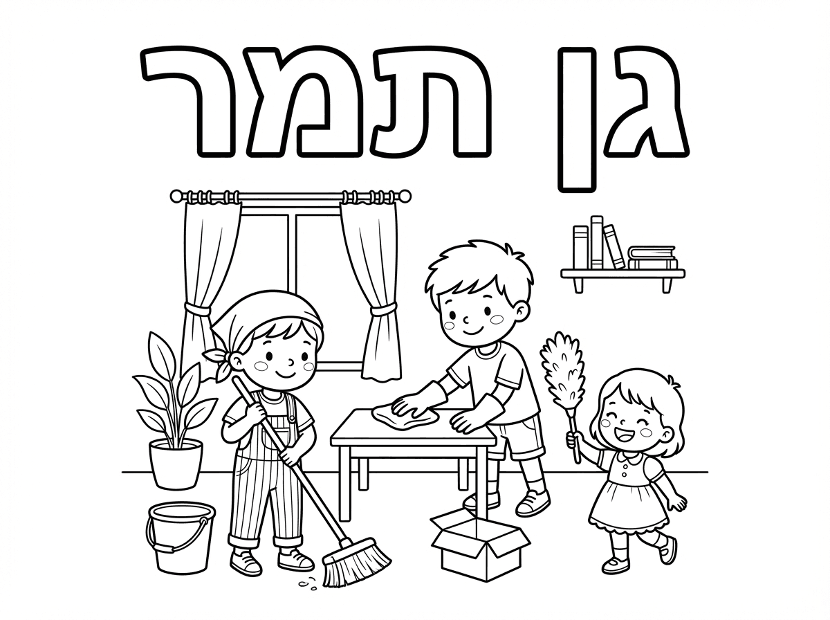 אנירוצה דף צביעה שיהייה כתוב בו: גן תמר.
ויהייה מצוייר בו ילדים עוזרים לנקות את הבית לפסח