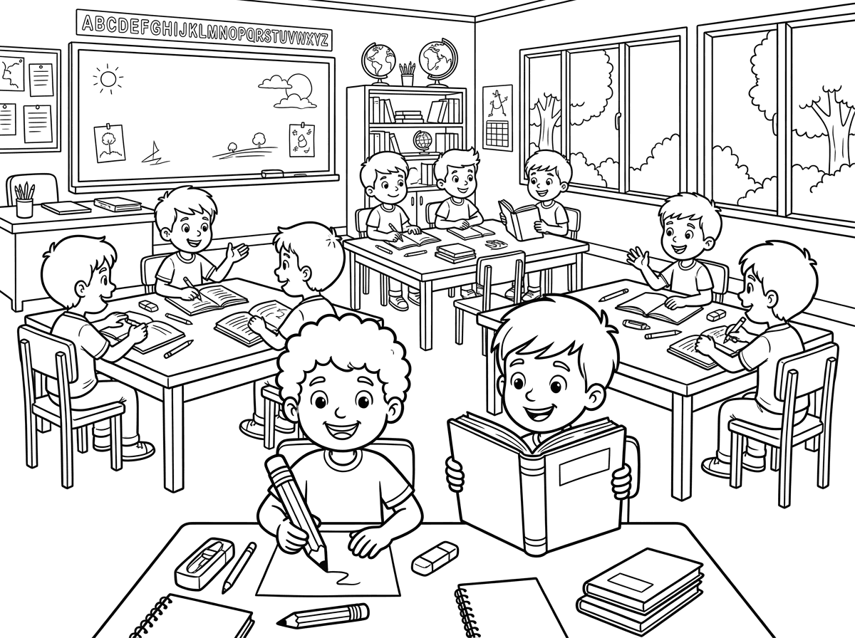אני רוצה ציור של כיתת בנים. אני רוצה לראות שולחנות,כיסאות, ספרים, עפרונות ומלא דברים שקשורים לכיתה ובית ספר. 
שילד אחד יחזיק ביד עיפרון ואחר ספר. …