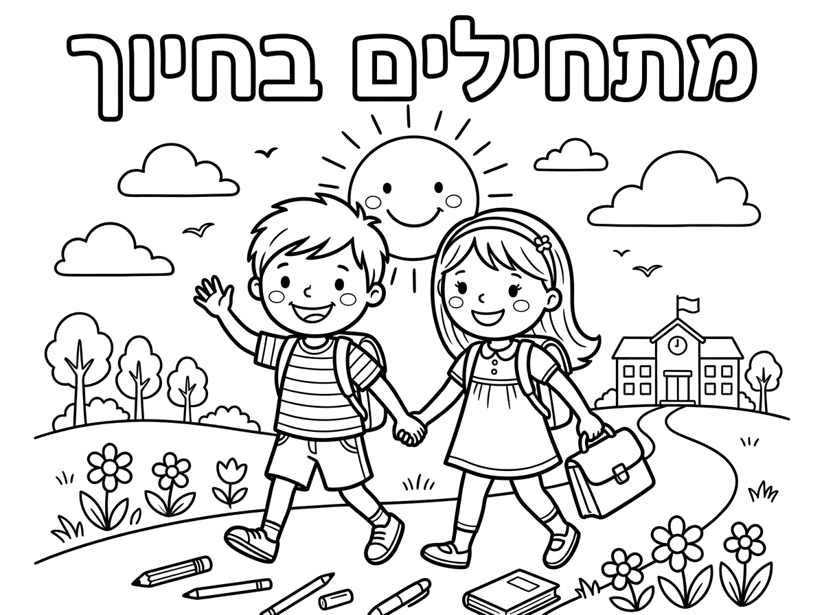מתחילים בחיוך   כיתובילד וילדה שמחים 
רקע של שמש צבעים משחקים