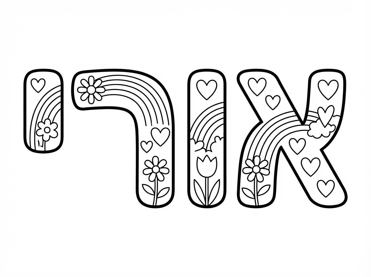 המילה אורי במרכז לצביעה עם איורים בתוכה של קשת בענן פרחים ולבבות