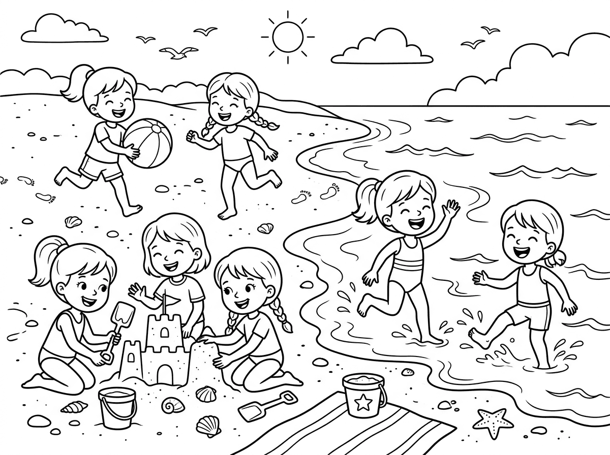 תצור לי תמונה של 7 ילדות בגילאים שונים
משחקות בחופש ליד הים