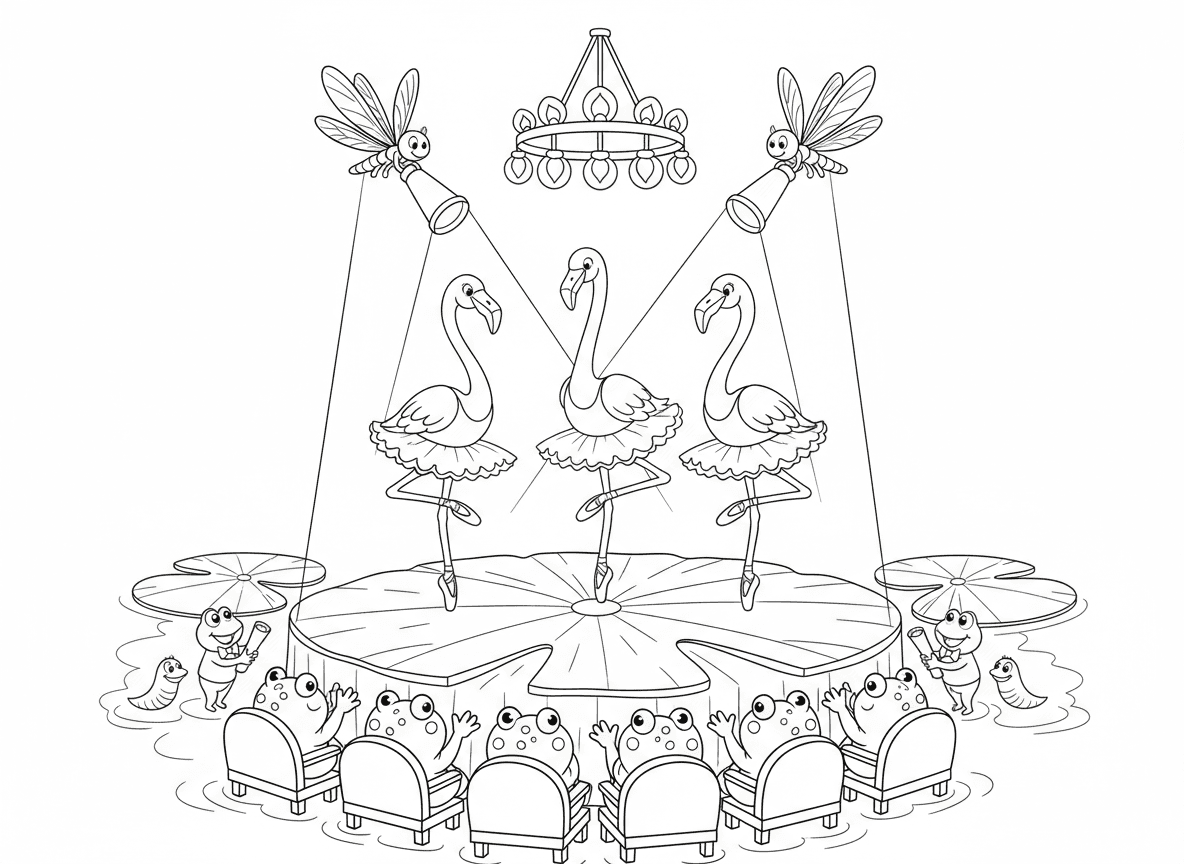 מופע בלט של פלמינגו - פלמינגו בחצאיות טוטו מבצעות את אגם הברבורים, קהל צפרדעים במושבים זעירים, שפיריות מפעילות זרקורים, במה מעלי שושנה, נברשת גחליליות, וראשנים שושנים מחלקים תוכניות