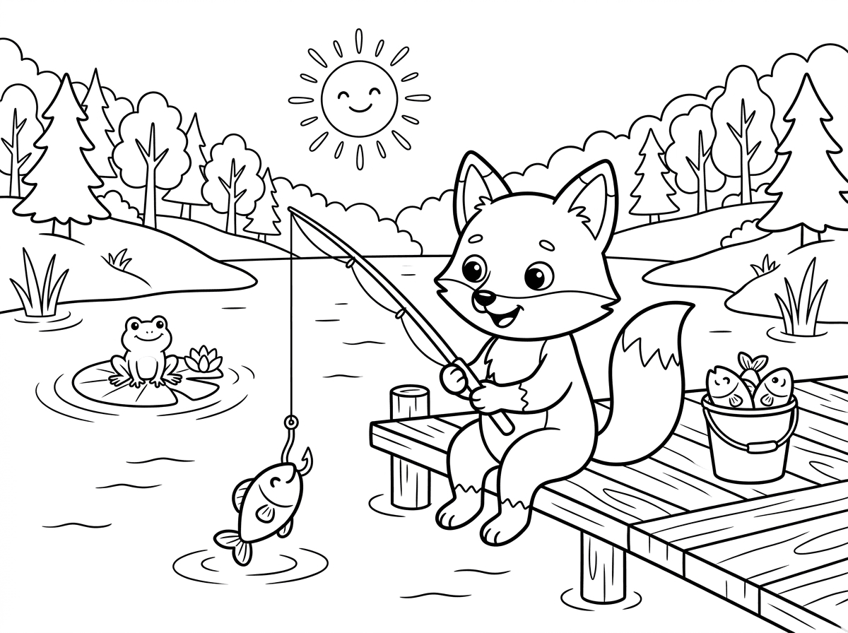 שועל וחמוד עם עיניים גדולות יושב על מזח עץ ומחזיק חכת דיג, הקו שלה יורד למים. דג קטן ומחייך תלוי על הקרס, ולידו דלי עם עוד דגים. ברקע אגם שקט עם עצי יער, שמש חמה וצפרדע יושבת על עלה חבצלת מים.