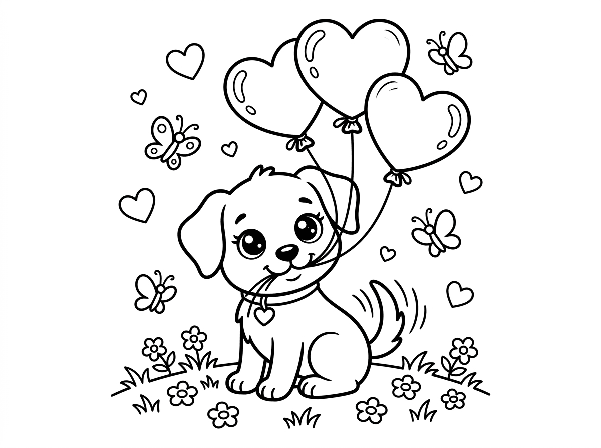 כלבלב קטן וחמוד (גור כלבים) עם עיניים ענקיות ומנצנצות מחזיק בפה שלושה חוטים של בלונים בצורת לב, זנבו מכשכש בשמחה. יושב על משטח דשא עם פרחים קטנים, מסביבו לבבות ופרפרים. סגנון קריקטורי מתוק ומחמם לב.