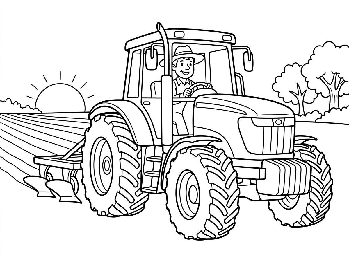 טרקטור חקלאי גדול וחזק עם גלגלים אחוריים ענקיים ומשוננים, נהג חקלאי מחייך יושב בתא הנהג עם כובע רחב שוליים. הטרקטור חורש שדה עם תלמים ישרים, ברקע שמש זורחת ועצים כפריים. הסגנון ילדותי וידידותי.