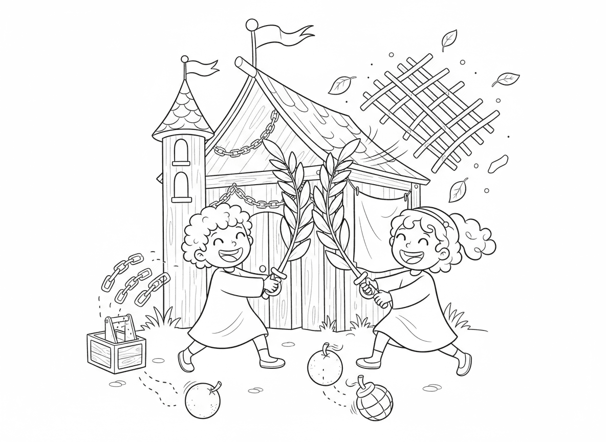 קרב חרבות לולב בסוכות - ילדים נלחמים בשחוק עם לולבים, אתרוגים כרימוני יד מתגלגלים, סוכה כטירה להגנה, קטפולטה משרשרות נייר, סכך עף לכל מקום, כולם מחייכים וצוחקים