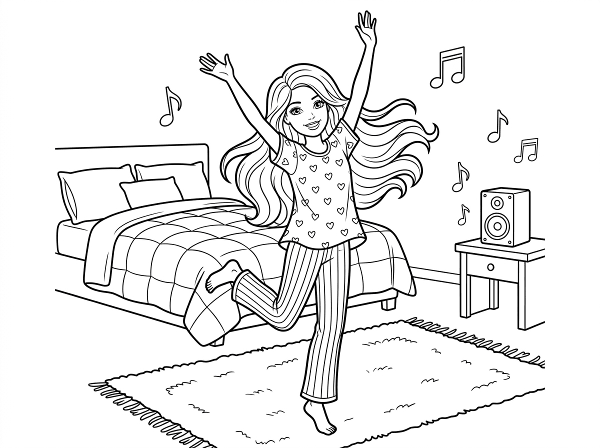 ברבי רוקדת בשמחה בחדר השינה שלה בפיג׳מה חמודה, ידיים מורמות ורגל אחת באוויר, שיערה מתנופף סביבה. סביבה מיטה עם כריות, שטיח רך, רמקול מנגן מוזיקה עם תווי נגינה באוויר. סגנון ביתי ושמח.