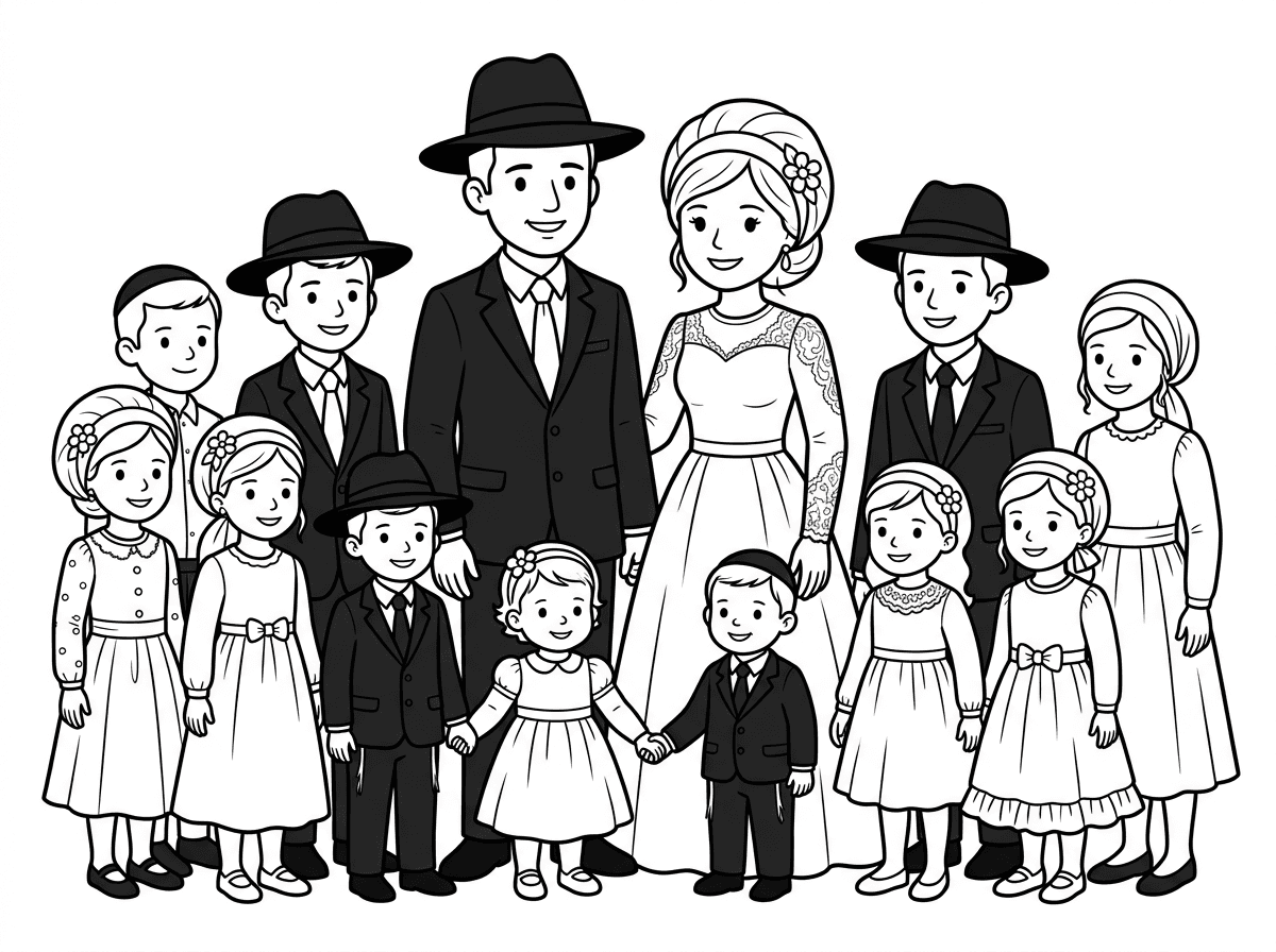 משפחה עם עשרה ילדים שהם כולם חסידי חב״ד בהפרשי גיל של שנתיים בין כל אחד מהילדים 
בגדי חתונה לכולם