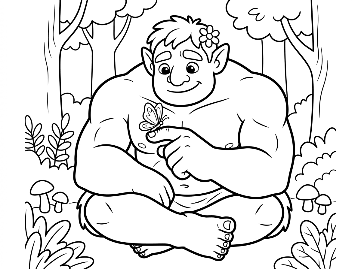 טרול ענק ושרירי בסגנון גורילה עם זרועות ארוכות וחזקות, גב רחב וכפות ידיים ענקיות. פרצופו מפחיד אבל עיניו עדינות ומביעות חום, ועל ראשו פרח קטן. הוא יושב ביער עבות ומחזיק פרפר עדין על אצבעו. סגנון קונטרסטי חמוד.