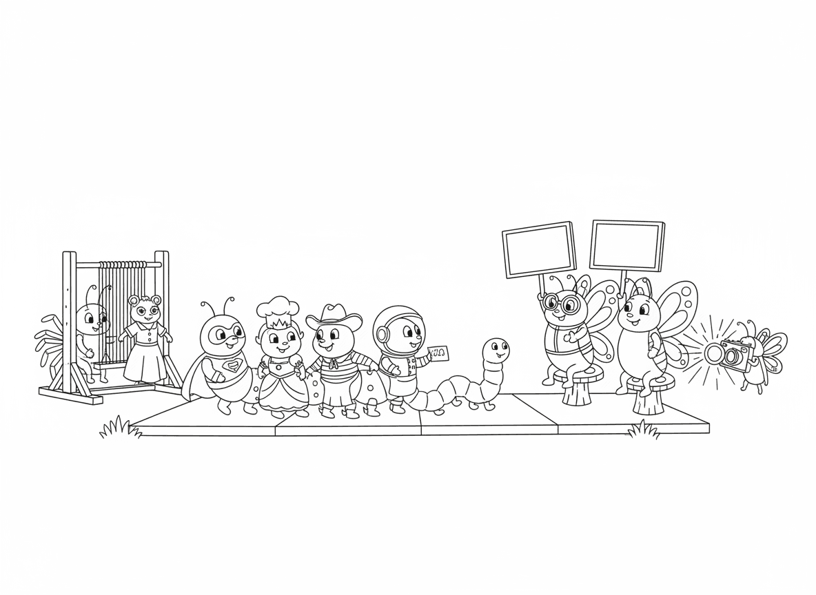 תצוגת אופנה של זחלים - זחלים לובשים בגדים שונים על כל חלק בגוף, פרפרים שופטים מחזיקים כרטיסי ציון, תולעת מודדת הולכת על המסלול, עכביש אורג בגדים מאחורי הקלעים, וחיפושיות צלמים עם פלאש