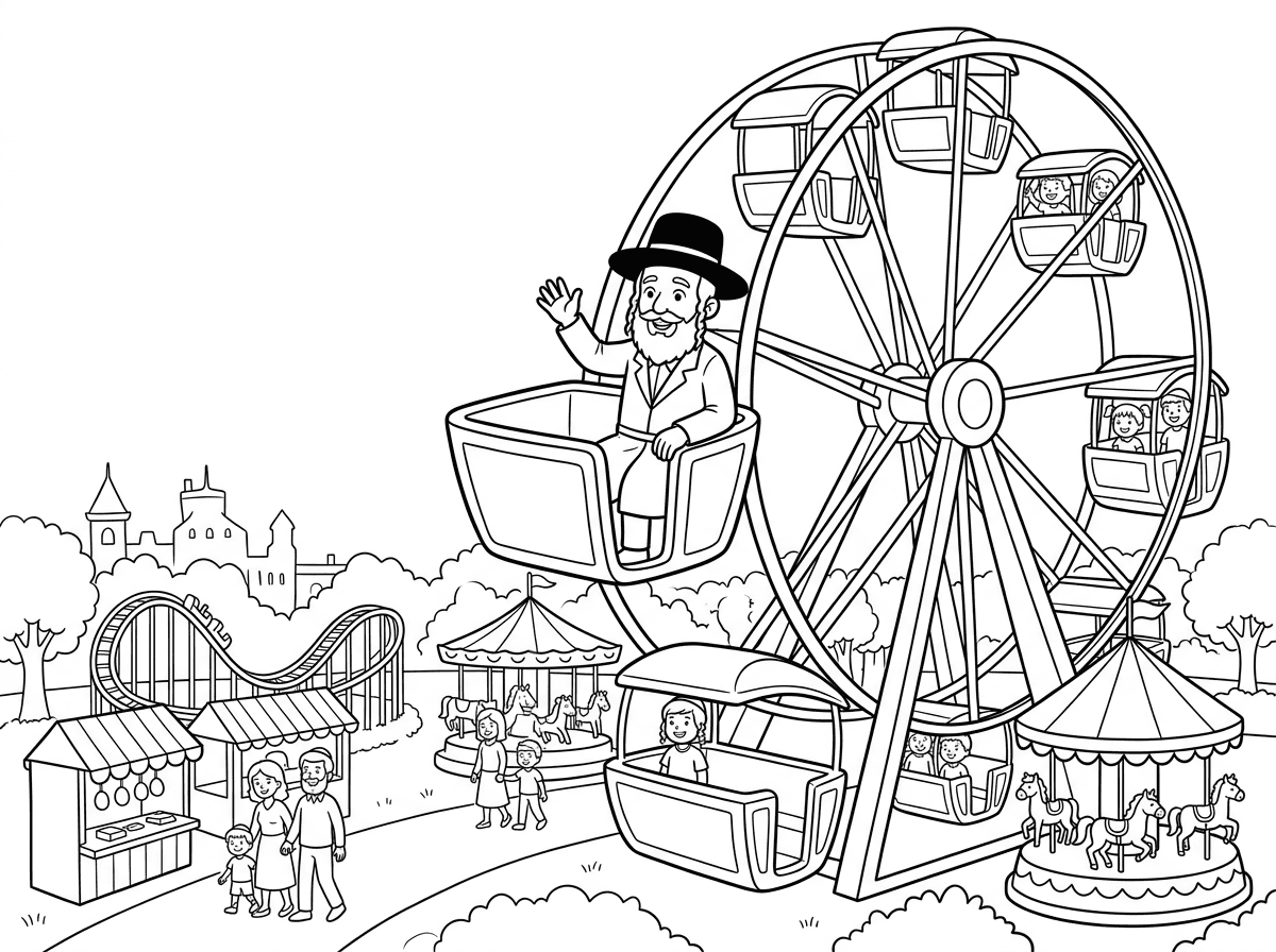 אפשר ציור של לונה פארק וחסיד שיושב על הגלגל ענק?