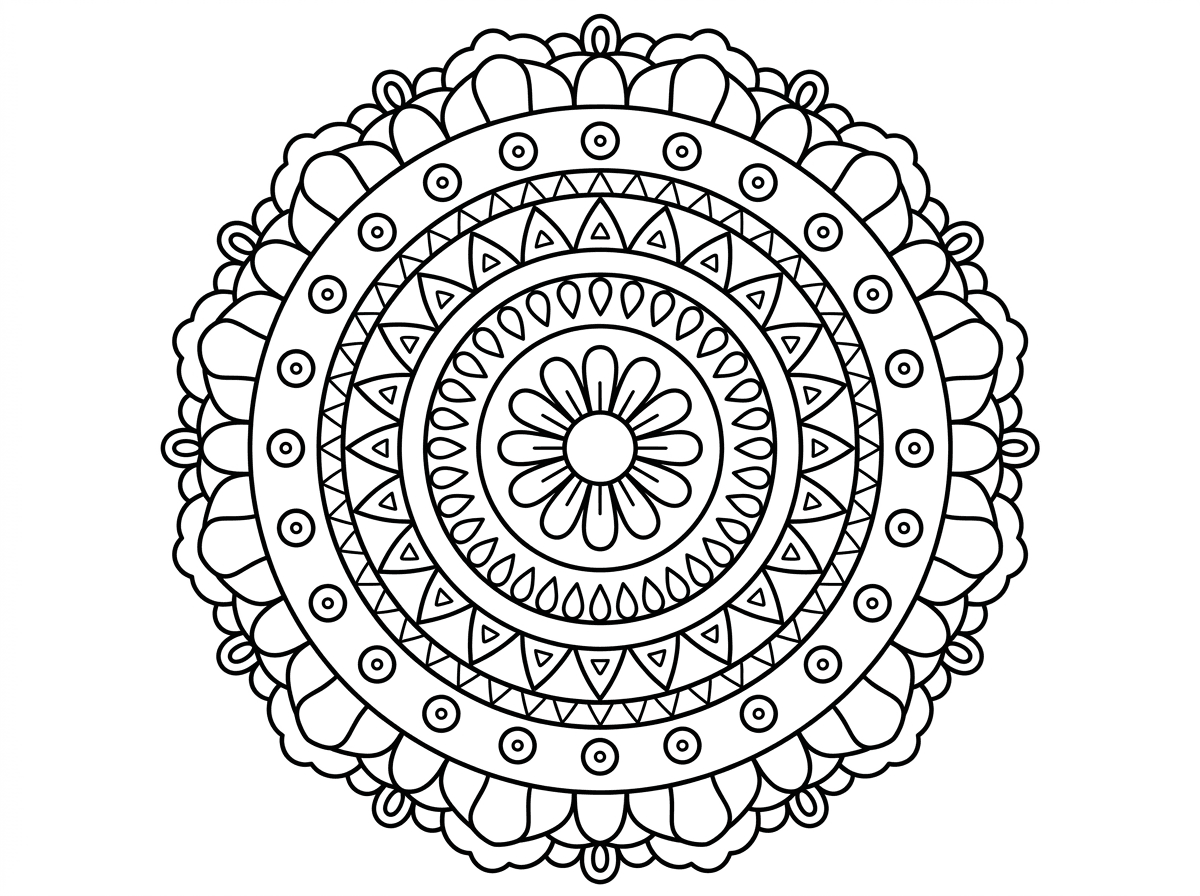 מנדלה קלאסית ומאוזנת עם מרכז פרחוני מוקף בטבעות של דוגמאות חוזרות – עלי כותרת, טיפות, משולשים ועיגולים. הסימטריה מושלמת ומרגיעה, עם מעבר הדרגתי מדוגמאות פשוטות במרכז למורכבות בשוליים. מתאימה לכל הרמות.