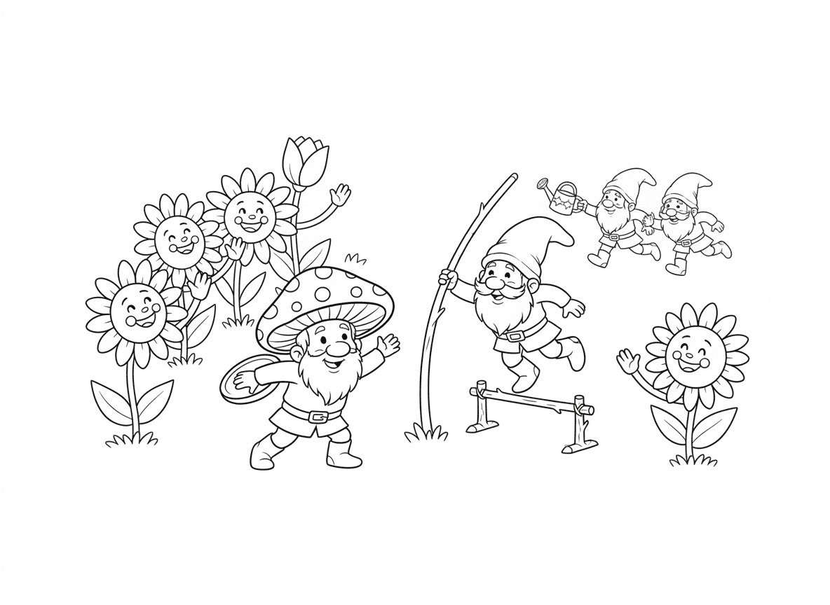 אולימפיאדת גמדי גינה - גמדי גינה מתחרים בספורט, אחד זורק פטרייה כדיסקוס, אחר קופץ מוט עם גבעול פרח, שליחי גמדים מעבירים מזלף זעיר, וקהל פרחי גינה מעודד