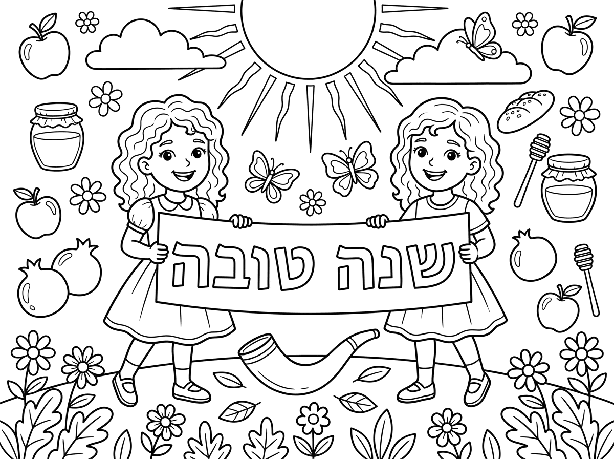 שלום תכין לי דף צביעה לילדות עם כתובית שנה טובה,בסגנון כמו בתמונה