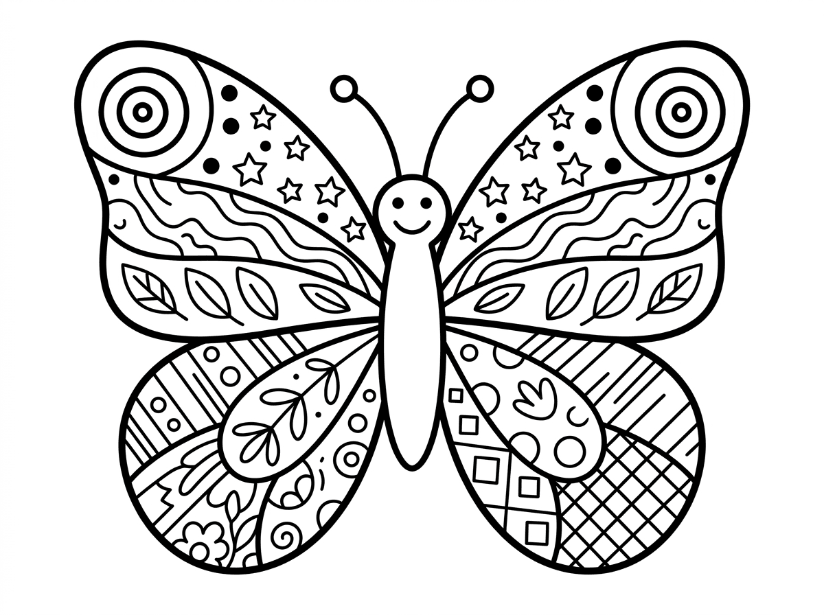 פרפר מעוטר בעיטורים אמנותיים עשירים ומגוונים — ספירלות, נקודות, כוכבים ועלים — על פני כל שטח הכנפיים. כל חלק בכנף מכיל דוגמא שונה ומעניינת. סגנון ציור דקורטיבי ומפורט עם קווים מגוונים ומורכבים, רקע נקי שמאפשר להתמקד בעיטורים.