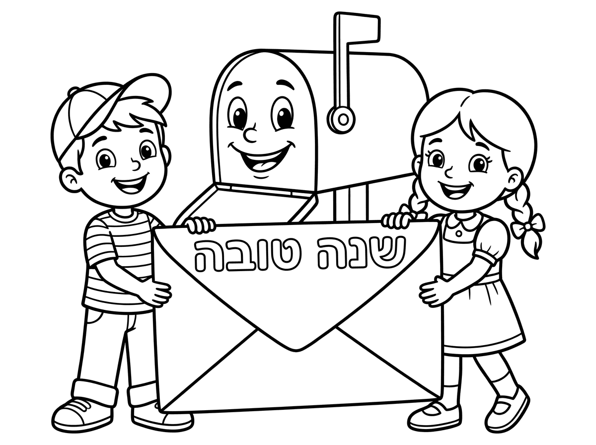 צור לי דף ילד וילדה חמודים מחזיקים מכתב מאחוריהם תיבת דואר גדולה
 עם כיתוב 
שנה טובה