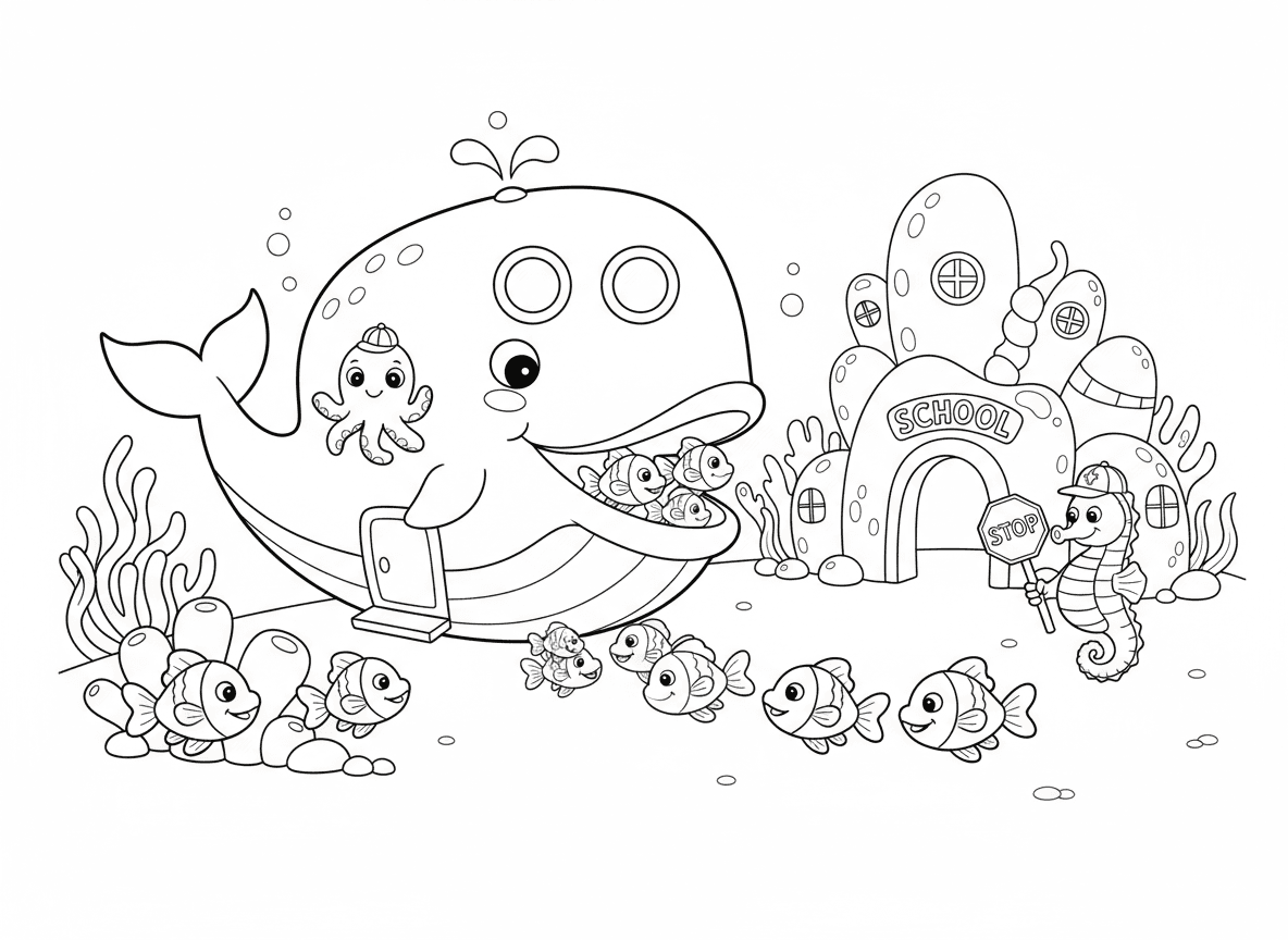 לווייתן אוטובוס בית ספר בים העמוק - לווייתן ענק וידידותי עם חלונות ודלת בבטן כאוטובוס, ילדי דגים שוחים פנימה דרך הפה, תמנון נהג, בניין בית ספר מאלמוגים, וסוסון ים כשוטר תנועה