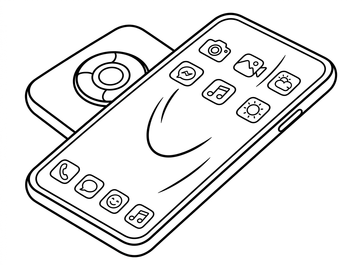 סמארטפון מודרני עם מסך גדול וחלק שתופס את כל החזית, פינות מעוגלות ומצלמה בולטת מאחור. על המסך אייקונים של אפליקציות שונות מצוירים בסגנון פשוט. הטלפון מוצג בזווית אלכסונית עם השתקפות אור.