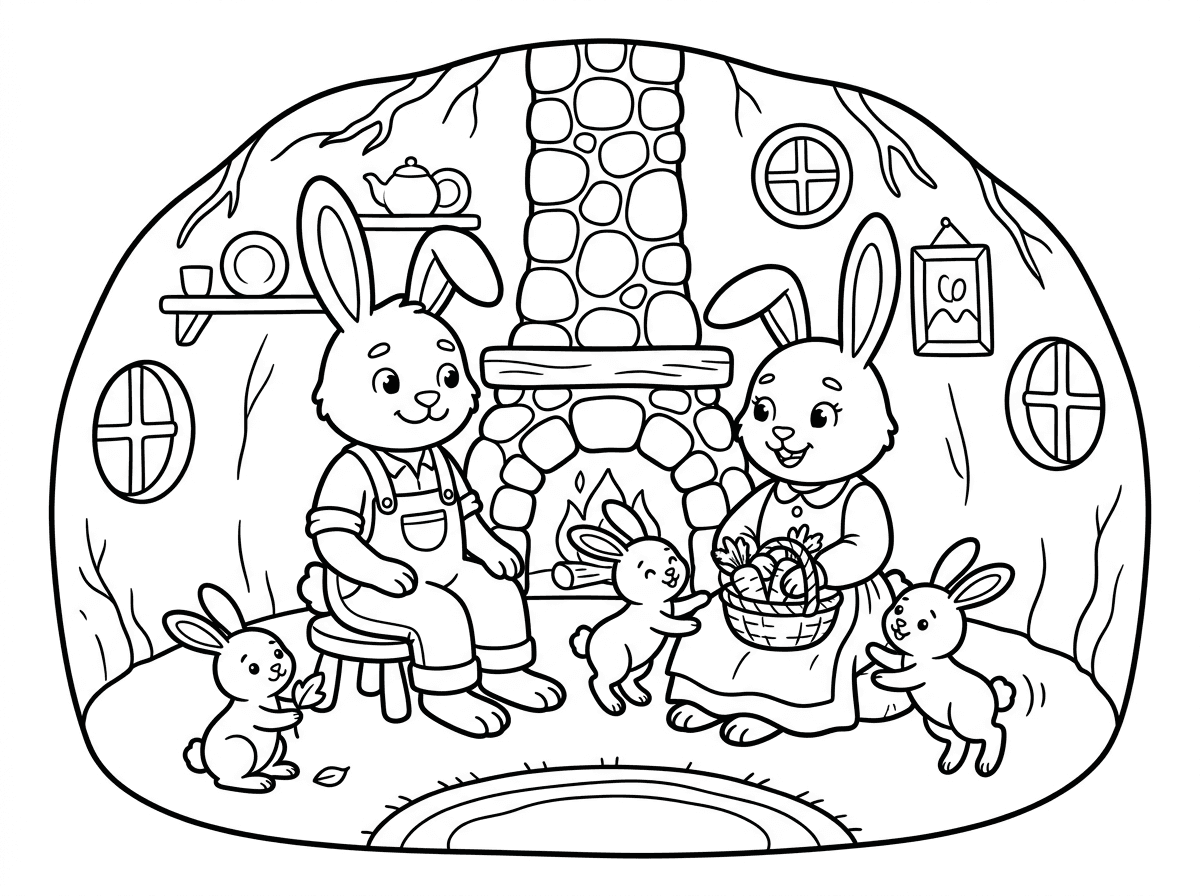 צייר ארנב וארנבת ושני גורים בבית שלהם