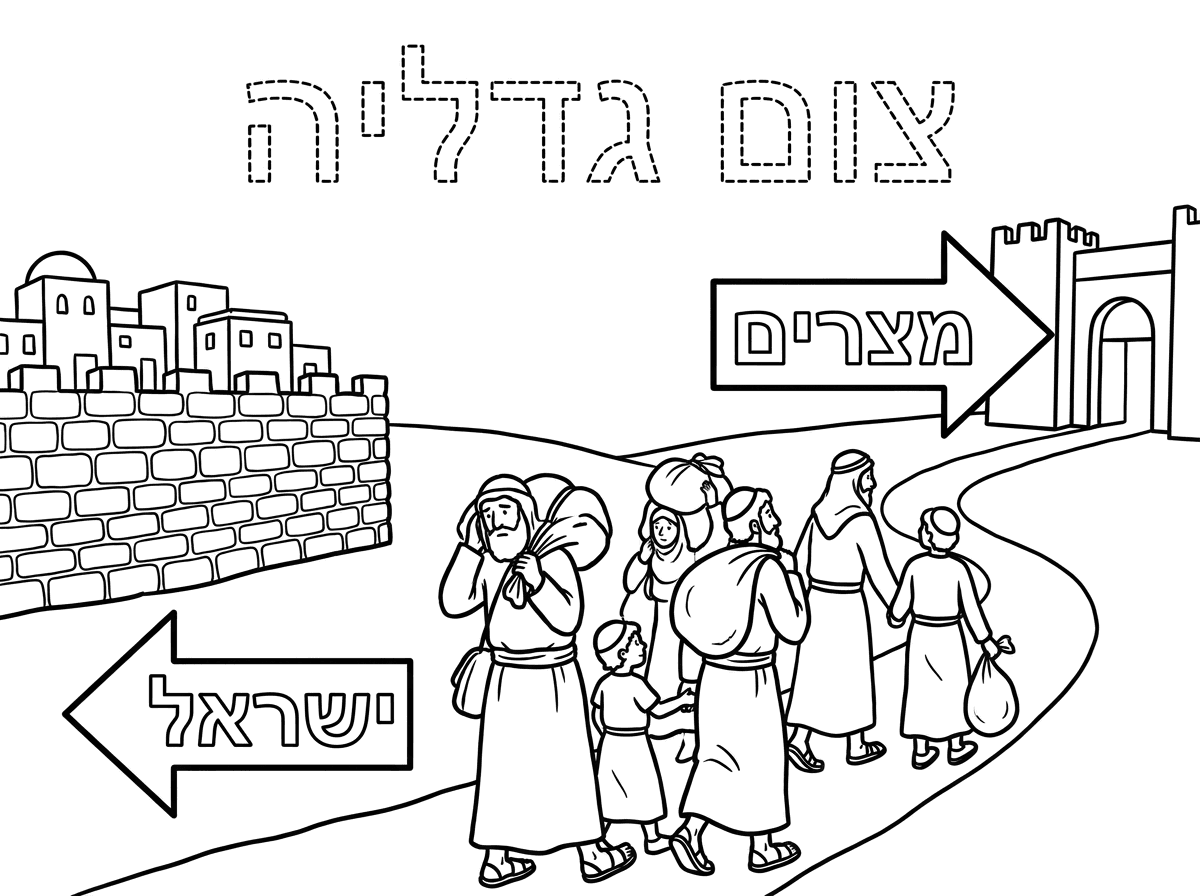 אשמח שתיצור לי דף צביעה לצום גדליה באופן הבא:
כותרת הדף תהיה צום גדליה בקו שבור שהילדים יוכלו לעבור מעל.
האיור לצביעה יהיה אנשים שגולים למצרים כשברקע יש חץ שכתוב עליו מצרים ולשם היהודים הולכים עם שקים בידהם וחץ לכיוון השני שממנו הולכים היהודי וכתוב עליו ישראל.