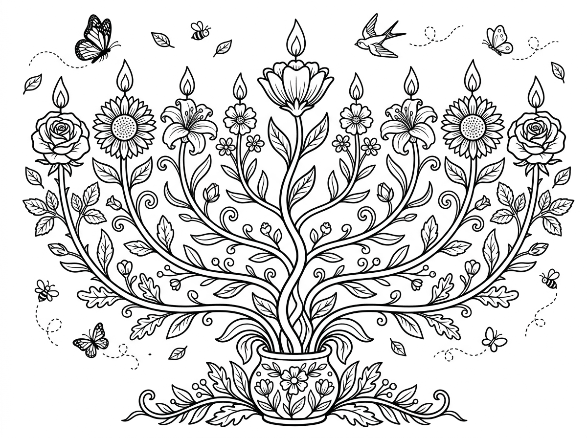 חנוכייה ייחודית שבה כל קנה הוא גבעול פרח שונה, והנרות הם פרחים פתוחים עם להבה במרכזם. ורדים, חמניות, שושנים ופרחי שדה יוצרים חנוכייה טבעית ומרהיבה, עם עלים ופרפרים מסביב. עיצוב בוטני אמנותי בסגנון ארט נובו עם קווים מתעגלים ועדינים.