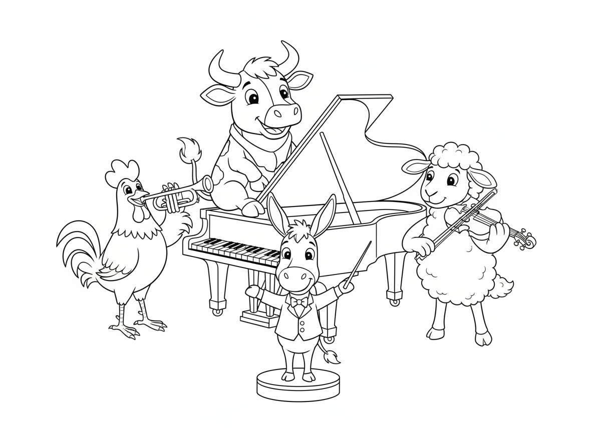 תזמורת של חיות חווה
פרה על פסנתר, תרנגול עם חצוצרה, כבשה עם כינור וחמור מנצח עם שרביט.