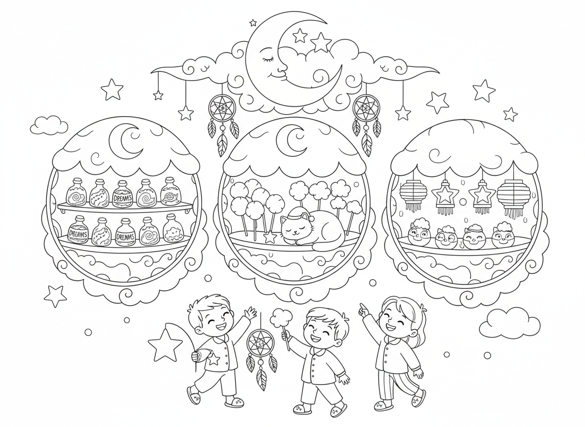 שוק לילה של חלומות - דוכנים מרחפים מוכרים חלומות ומשאלות בבקבוקים, שערות סבתא מעננים, פנסים בצורת כוכבים, ירח כשלט השוק, ילדים בפיג׳מות קונים, חתול ישן כמוכר, ולוכדי חלומות כפעמוני רוח