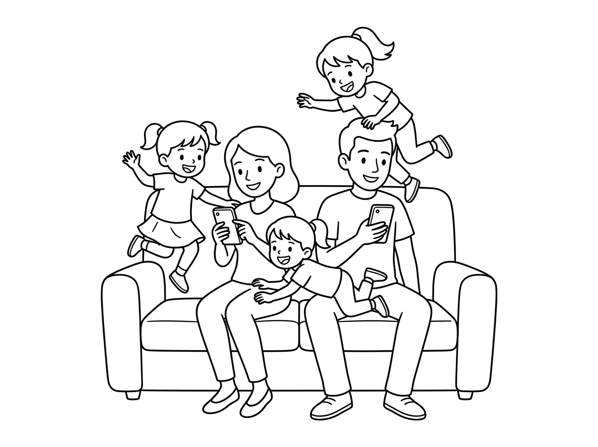 תכין לי דף צביעה של אבא ואמא בפלאפון ושלוש ילדות קופצות עליהם