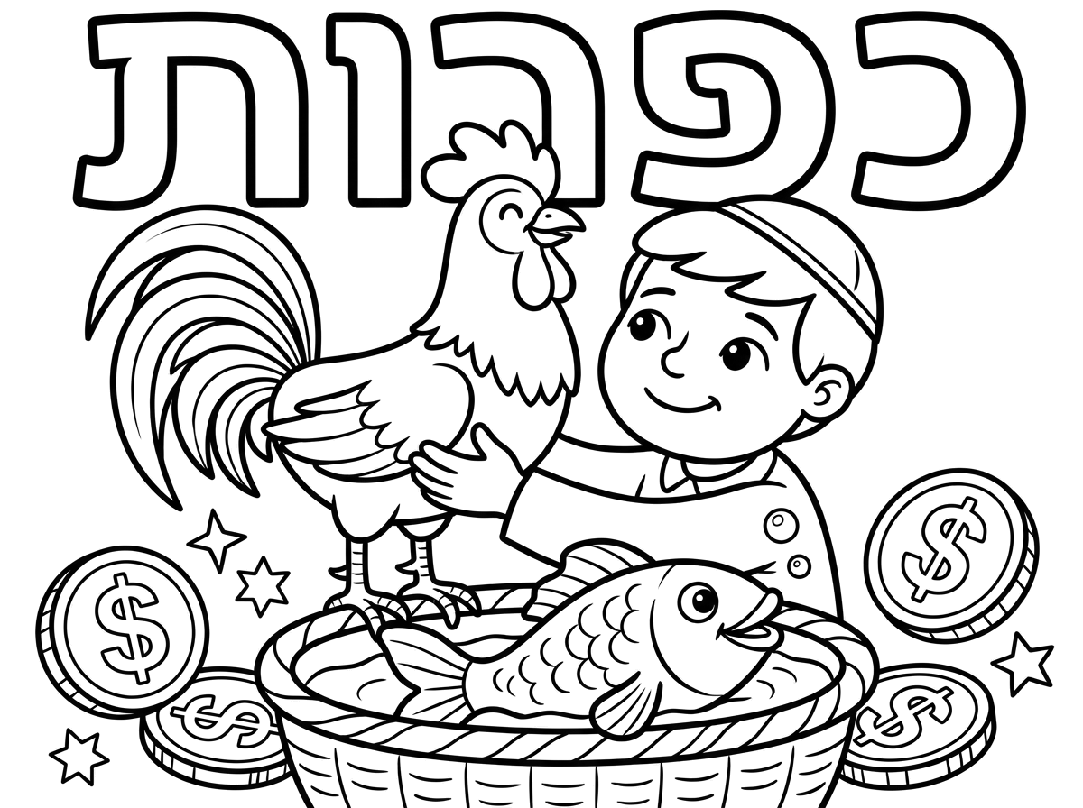 צור לי דף צביעה של כפרות עם דג, תרנגול וכסף
עם המילה כפרות