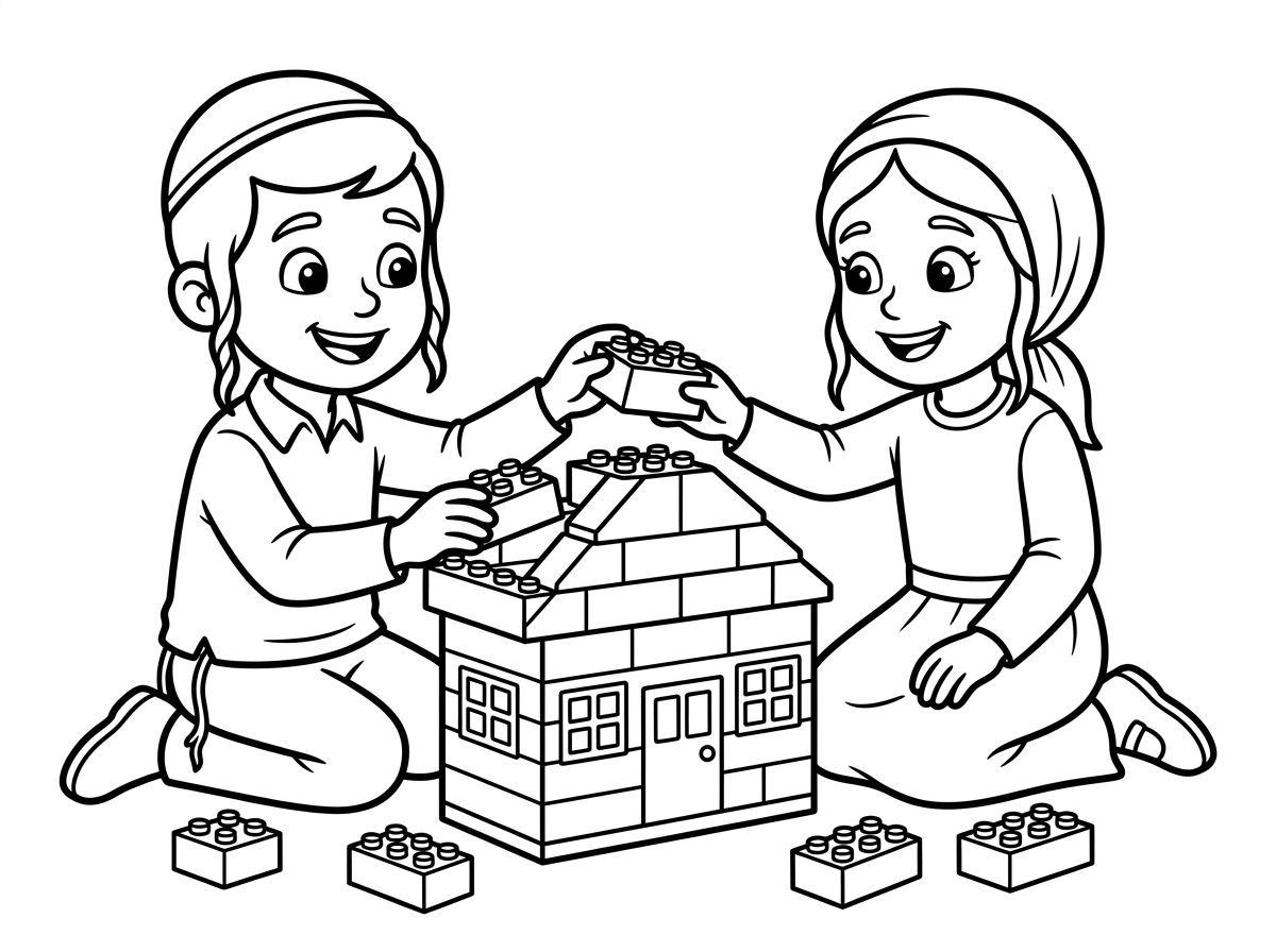הי תיצור לי דף צביעה של ילדים יהודים בונים בית מלגו עם