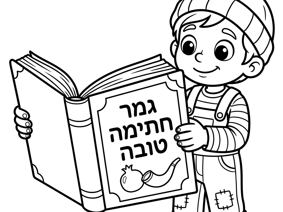 צריכה דף צביעה שרואים דמות עם סידור וכיתוב גמר חתימה טובה!