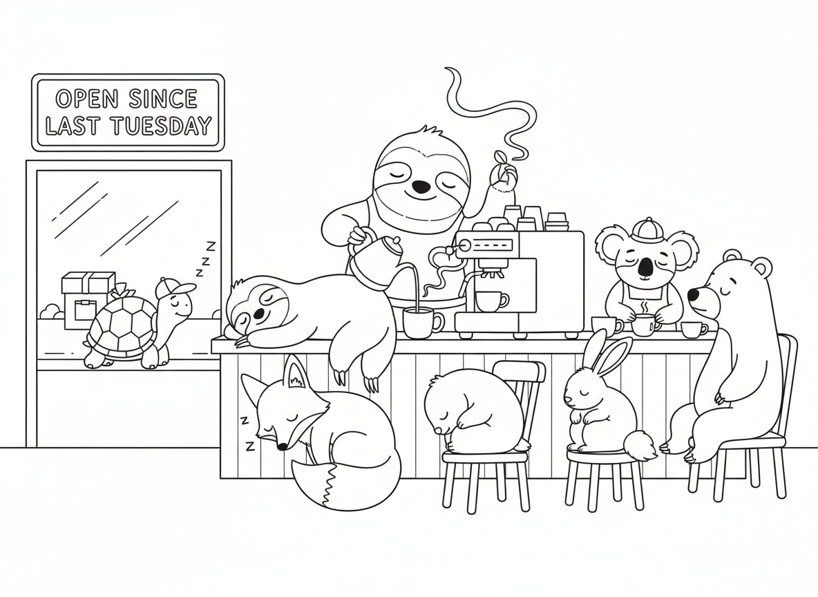 בית קפה של עצלנים - עצלנים מנהלים את בית הקפה הכי איטי בעולם, עצלן אחד הכין קפה שלוש שעות, לקוחות נרדמים בהמתנה, קואלה בריסטה, צב שליח, ושלט שאומר פתוח מיום שלישי שעבר