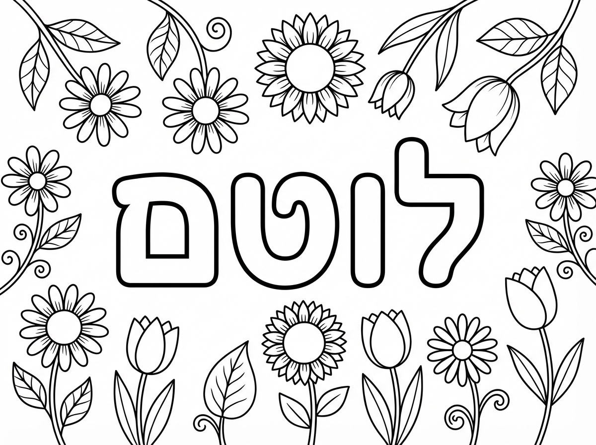 שלום, צייר לי המילה לוטם במרכז עם איורים של פרחים ועלים