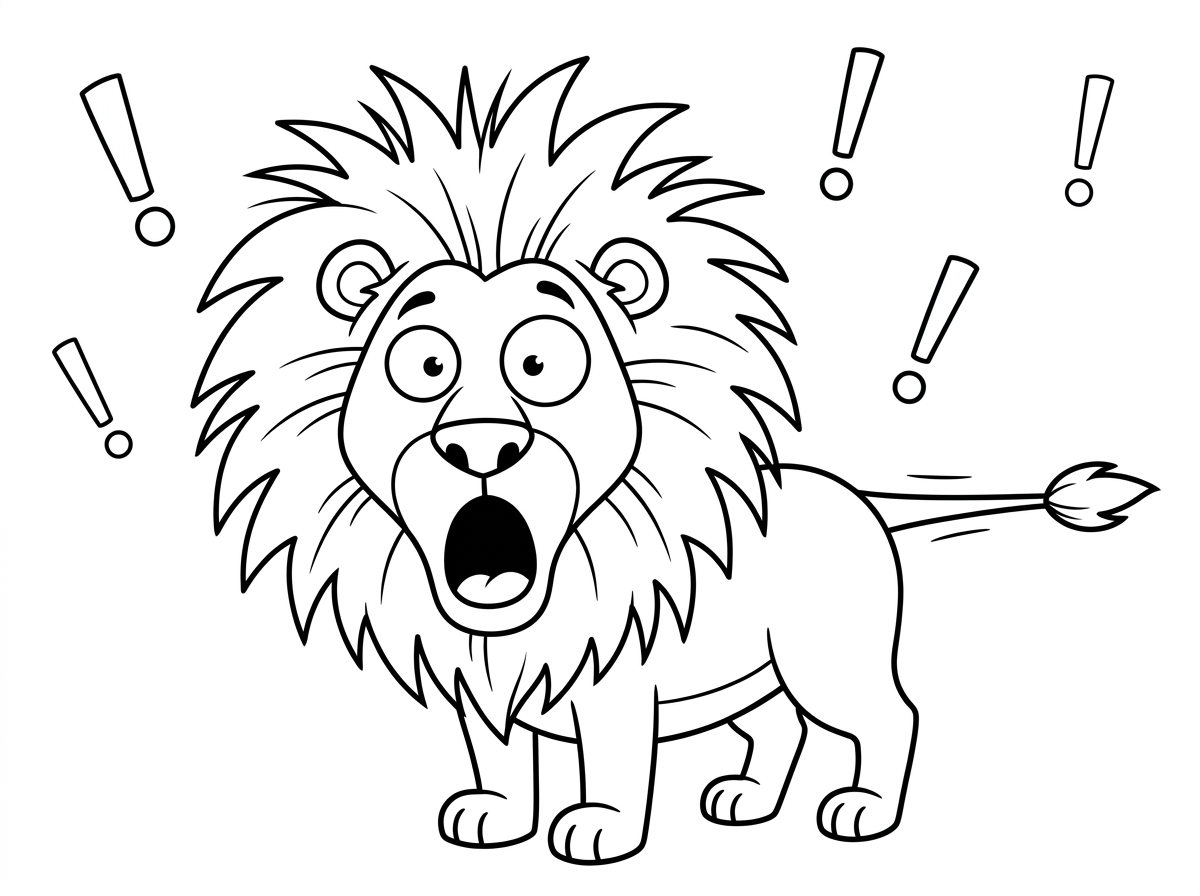 אריה עם ביטוי מופתע ומצחיק, עיניים פעורות לרווחה ופה פתוח ב-O, כאילו ראה משהו מפתיע. הרעמה שלו זקופה מהפתעה, והזנב מתוח. סגנון קריקטורה קומי ומשעשע עם הגזמה של הבעות הפנים, רקע פשוט עם סימני קריאה.