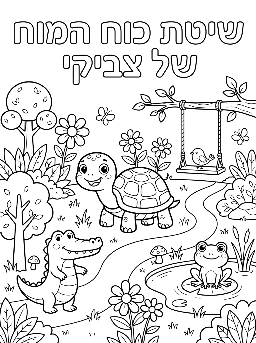 תכין לי דף צביעה לאורך, שיהיה כתוב למעלה "שיטת  כוח המוח של צביקי" .שים במרכז איור מתאים של צב חמוד מסביב איורים של גן , נדנדה  ,תנין חייכן וצפרדע חמודה .  הכל צבעוני ומתאים לילדי גן.