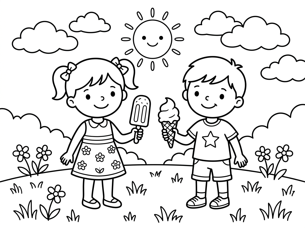 צייר ציור של דשא, שמש, עננים, ילדה וילד, ארטיק וגלידה