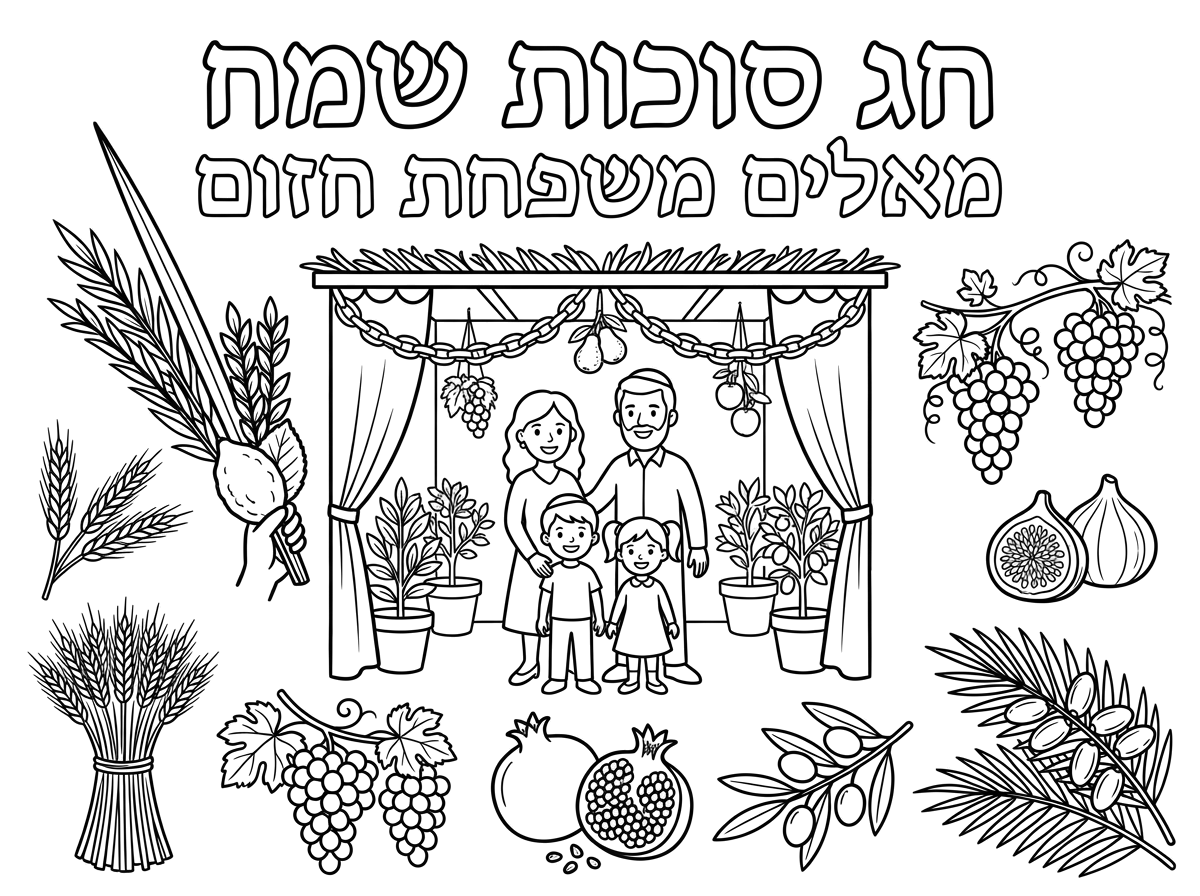 ברכה לכבוד חג סוכות שיהיה כתוב
חג סוכות שמח
מאחלים משפחת חזום
ושיהיה ציורים של סוכה 4 המינים ו7 המינים