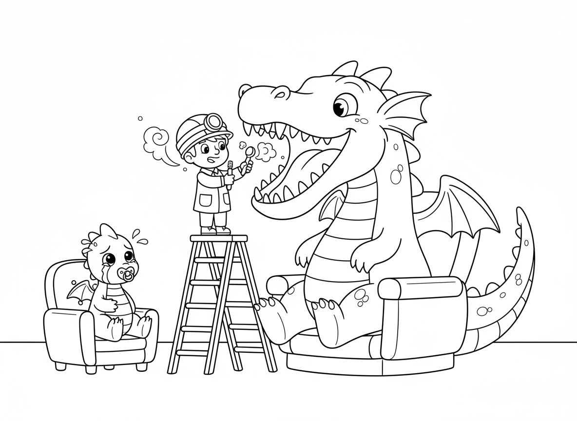 מרפאת שיניים לדרקונים - רופא שיניים קטן ואמיץ בודק שיניים ענקיות של דרקון, פה פעור עם עשן יוצא, כלי שיניים זעירים, תינוק דרקון בוכה בחדר המתנה, וכיסא רופא שיניים חסין אש