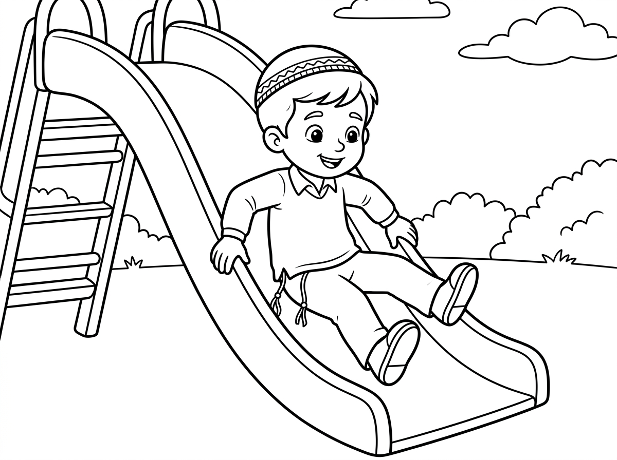 ילד עם כיפה וציצית מתגלש במגלשה