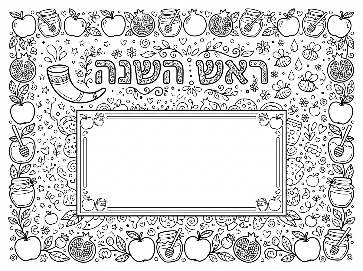 דף מעוטר בנושא ראש השנה עם מסגרת של תפוחים, רימונים ודבש, ובמרכז מקום לכתיבת ברכה אישית. באותיות מעוטרות בראש הדף כתוב ""ראש השנה"" וסביב שופר ודבורים. סגנון חגיגי עם הרבה עיטורים לצביעה.