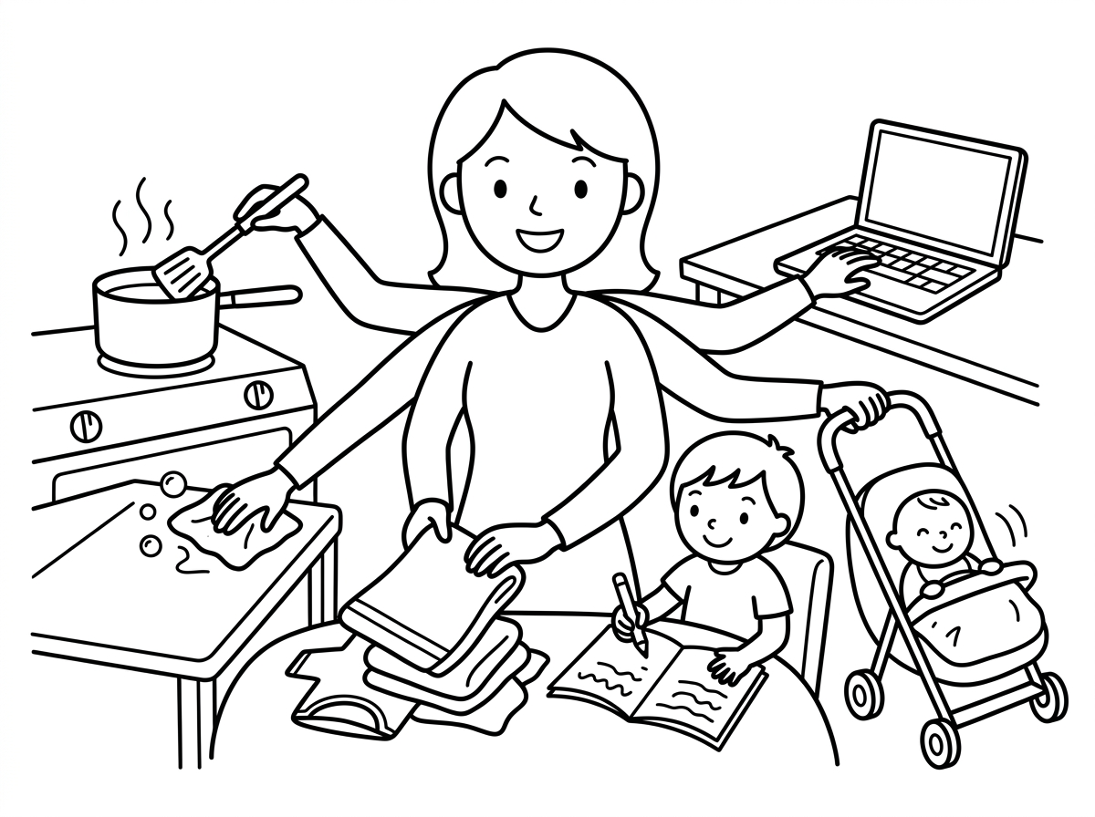 תצייר לי אמא עם מלא זרועות שגם מבשלת וגם מנקה וגם מקפלת כביסה וגם יושבת עם הילד על שוערי בית וגם עובדת וגם מנדנדת את התינוקת בעגלה