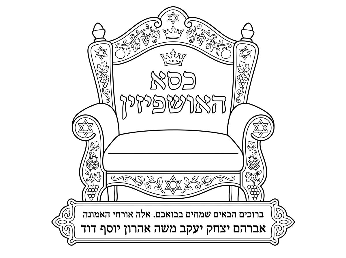 ציור של כסא מפואר וכתוב עליו כסא האושפיזין.
ובציור כתוב ברוכים הבאים שמחים בבואכם.
אלה האורחי האמונה אברהם יצחק יעקוב משה אהרון יוסף דוד
תסדר שיהיה יפה ויראה קדוש