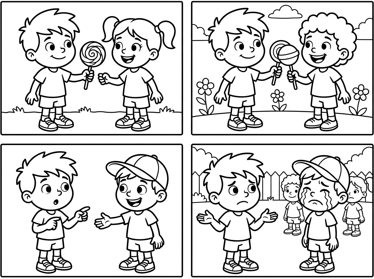 ציור בשלבים 
בשלב הראשון ילד נותן לחבר סוכריה
בשני הוא נותן גם לחבר נוסף
בשלשי ילד נוסף מבקש
אבל הוא מסרב ואז החבר בוכה