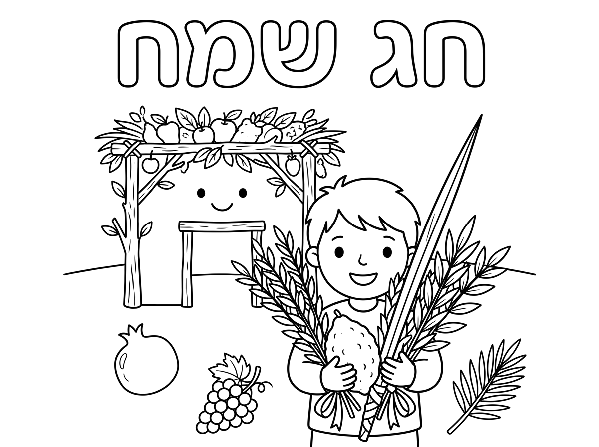 תכין לי דף צביעה יפה לחג סוכות עם ארבעת המינים ותכתוב למעלה חג שמח