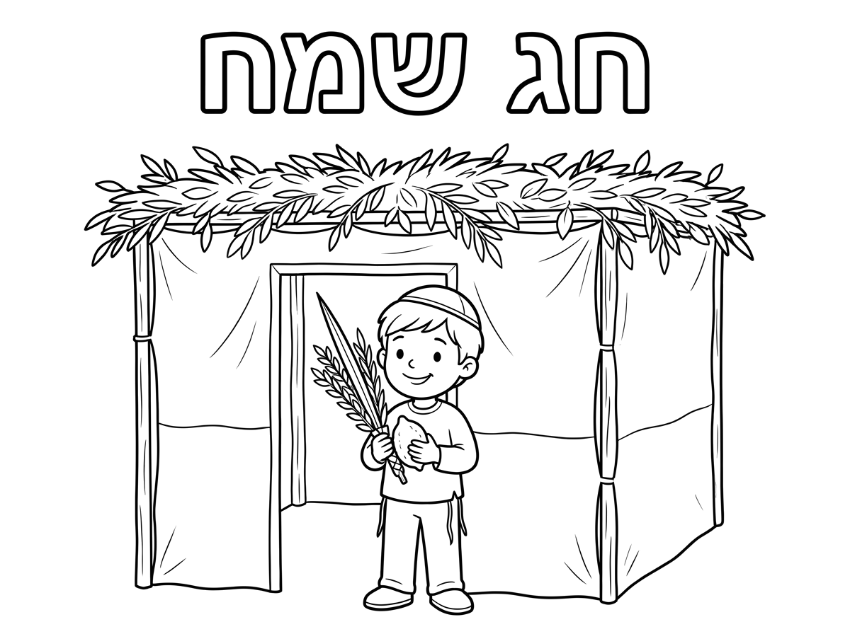 תוסיף לילד כיפה על הראש ותוריד את כל הפרות מעל הסכך של הסוכה שיהיה שם רק סכך