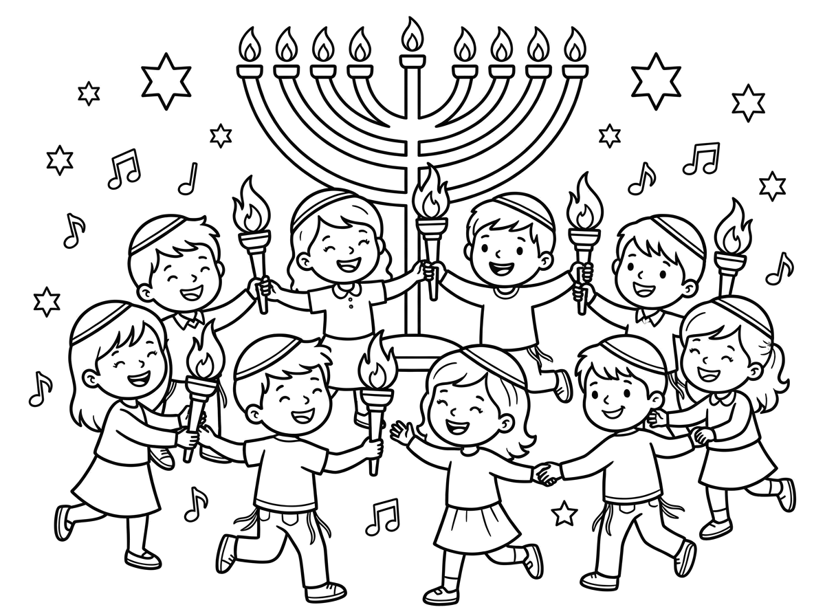 תכין לי דף צביעה של שמחת בית השואבה של ילדים חמודים עם כיפות על הראש רוקדים ושמחים ולפידים אש בידיהם