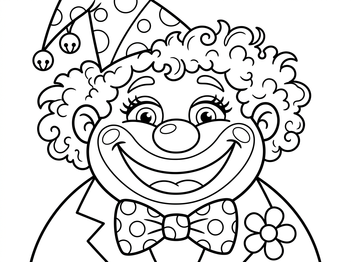 פרצוף ענק של ליצן פורימי תופס את כל הדף, עם אף עגול, פאה מתולתלת, כובע משולש עם פעמונים, ופרח גדול על הדש. חיוך רחב מאוזן לאוזן עם שיניים לבנות, עיניים מצחיקות ומשועשעות, ועניבת פרפר מנוקדת. סגנון קריקטורי מוגזם ומצחיק.