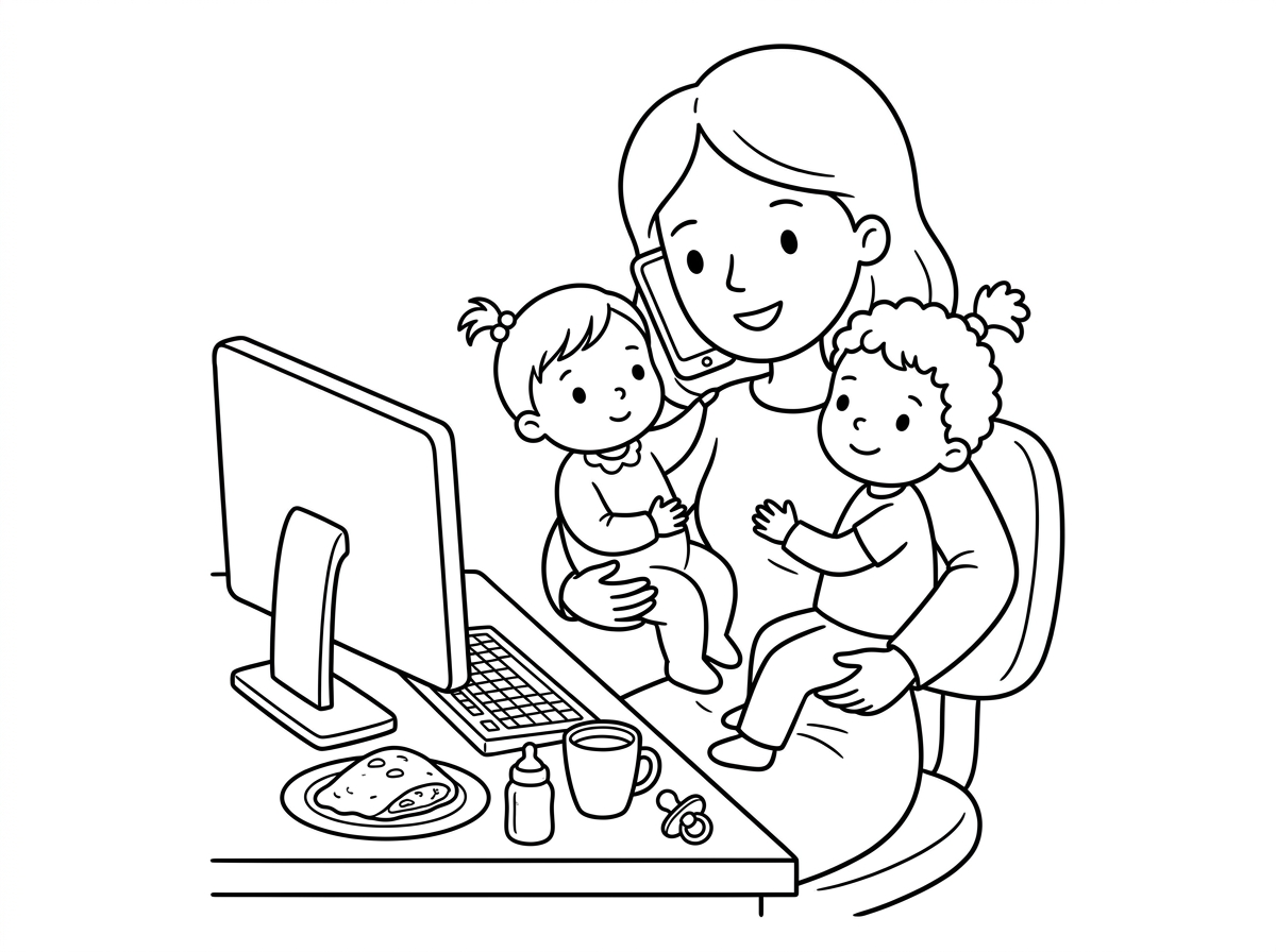 אישה עם שיער פזור עד הכתפיים ושמלה ארוכה עם שרוולים ארוכים יושבת מול מחשב , ביד אחת מרימה תינוקת קטנה ביד שניה מרימה ילד עם שיער קצר מתולתל וקוקו קטן בראש השיער, מחזיקה תוך כדי פלאפון שמדברת איתו באוזן , ליד המחשב מונחת צלחת עם חצי חביתה , כוס קפה, בקבוק תינוק ומוצץ